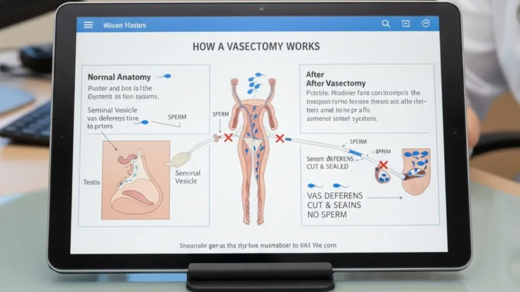 Diagram explaining how a vasectomy prevents sperm from entering semen