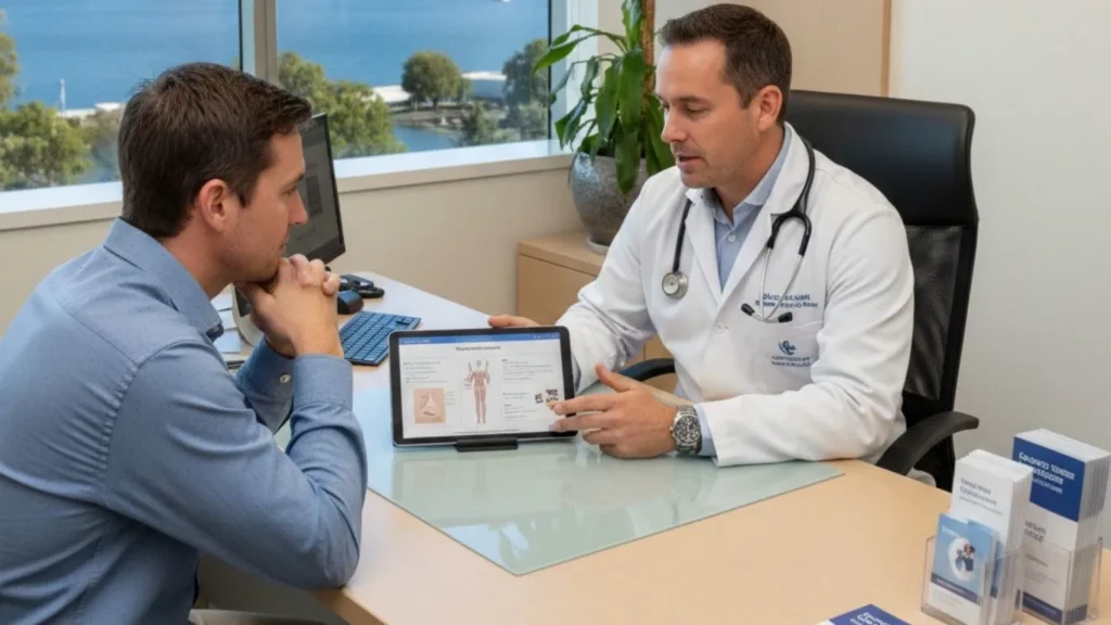 Doctor discussing vasectomy options with a patient in Canberra clinic