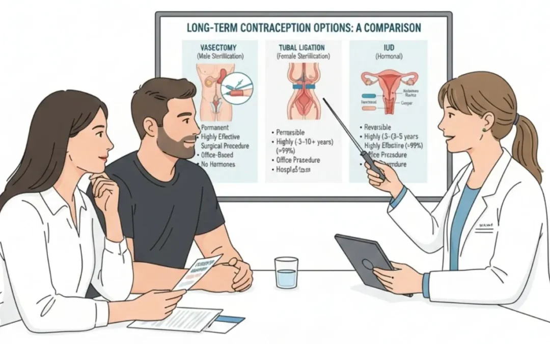Healthcare consultation explaining vasectomy and alternative birth control options for couples planning permanent contraception