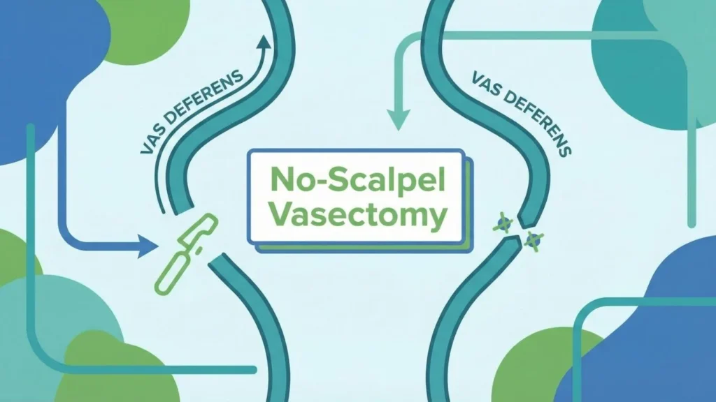 Simple medical diagram explaining no-scalpel vasectomy in Canberra with focus on vas deferens and minimally invasive method.