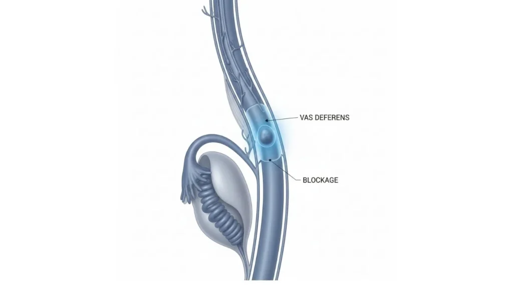 Diagram of male reproductive system showing vas deferens location and where a vasectomy blocks sperm movement.