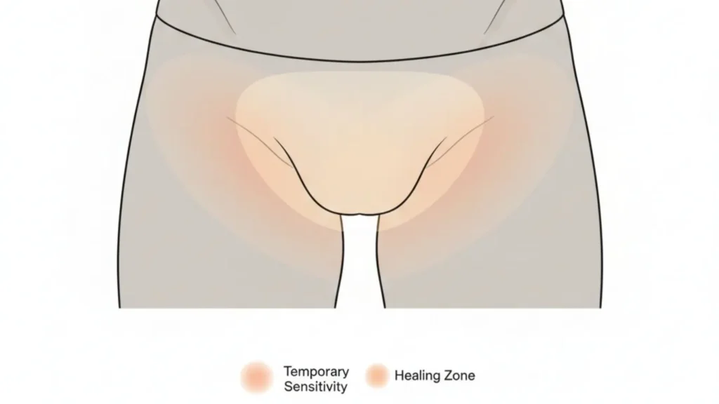 Educational illustration showing areas of temporary discomfort after vasectomy in a non-graphic, patient-friendly way