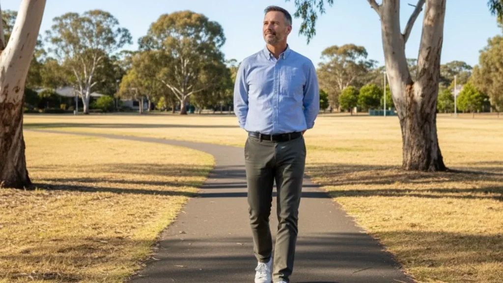 Man walking gently in a Canberra park during recovery after vasectomy, representing return to normal daily routine