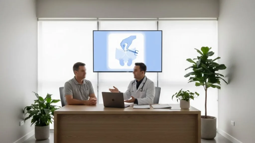 Doctor explaining vasectomy safety and long-term health risks to a middle-aged man in Canberra clinic