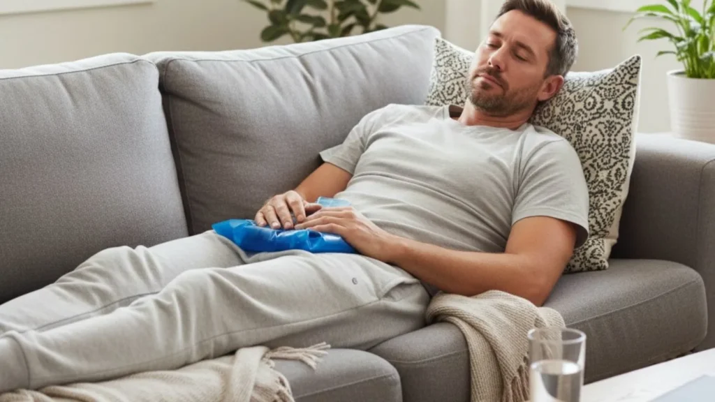 Man resting at home using ice pack during vasectomy aftercare recovery